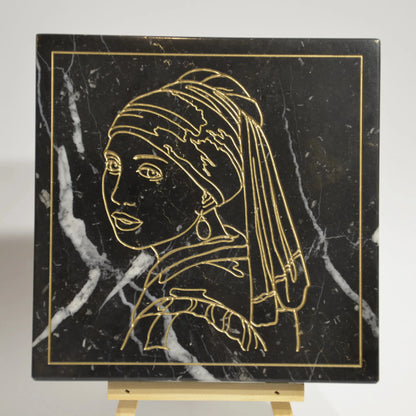 Stone Engraved Artpiece Johannes Vermeer - Girl with a pearl earring into Marble